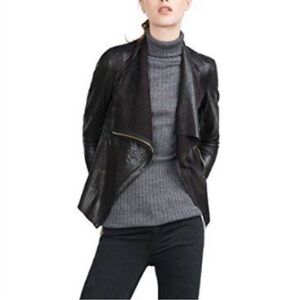 ZARA Women Black Draped Faux Leather Jacket
